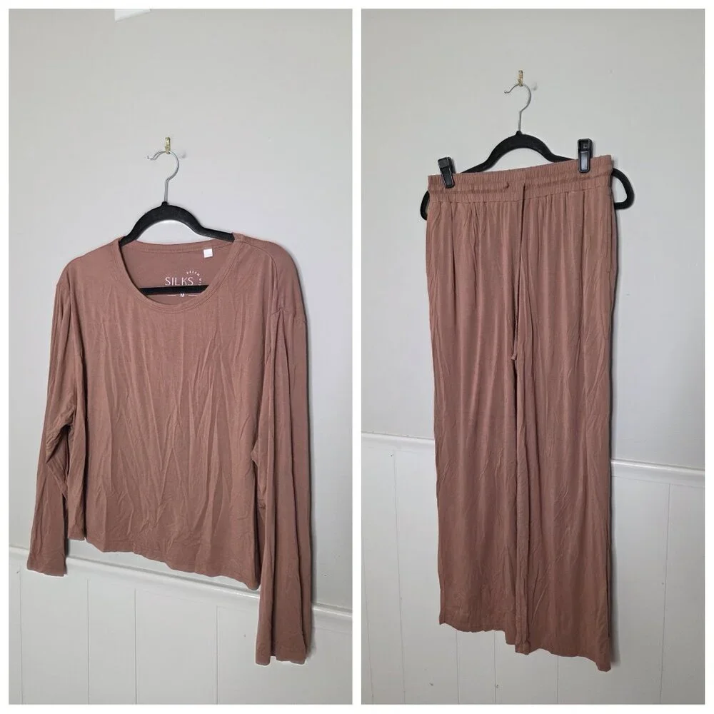 SILKS Solid Brown Long Sleeve Pants Lounge Pajama Set